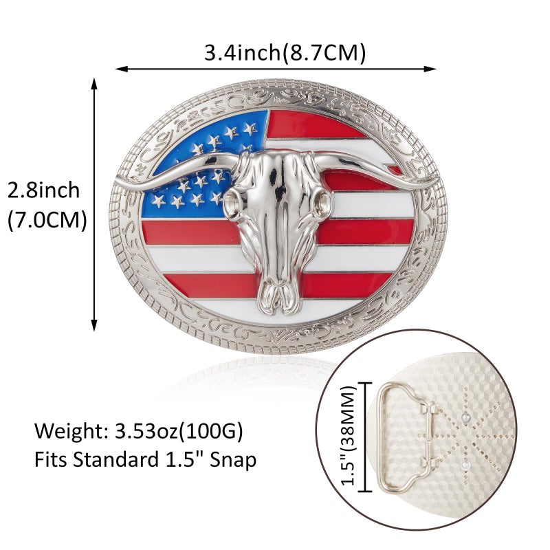 YOQUCOL QUKE American Western Cowboy USA Flag Rodeo Long Horn Bull Belt Buckle - Image 2